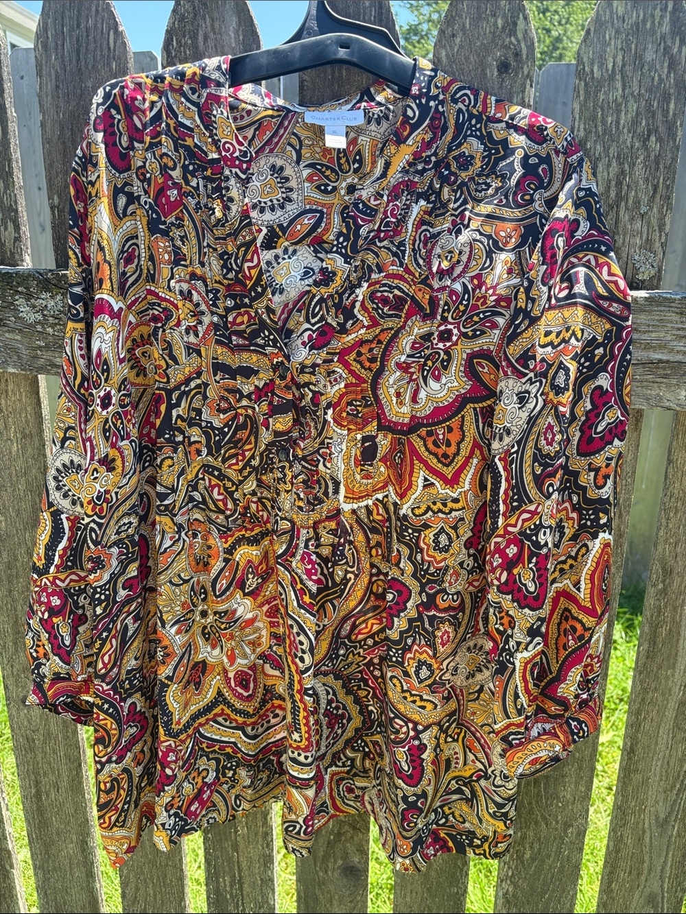 Charter Club Paisley Button-Front Blouse in Black, Gold & Red